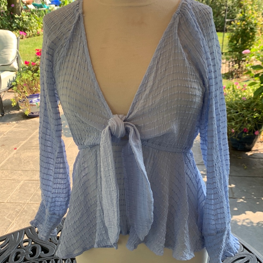 Blue Tie Front V Neck Top